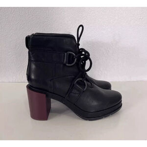 Sorel Black Leather Purple Heel Margo Lace Up Block Heel Booties Size 9